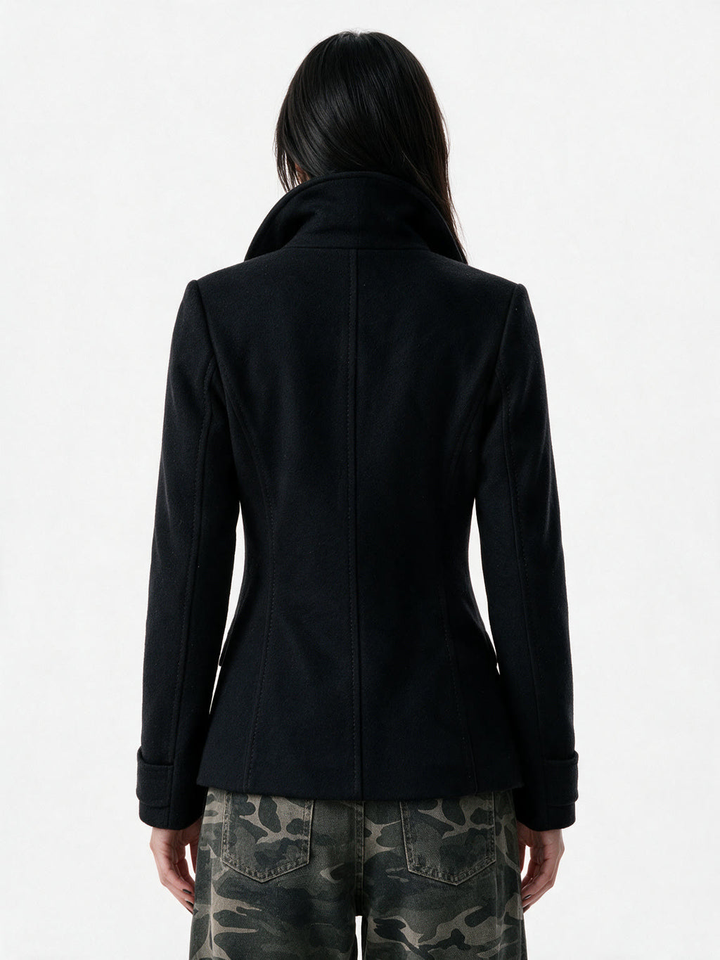 Navy cropped double breasted peacoat with a funnel collar