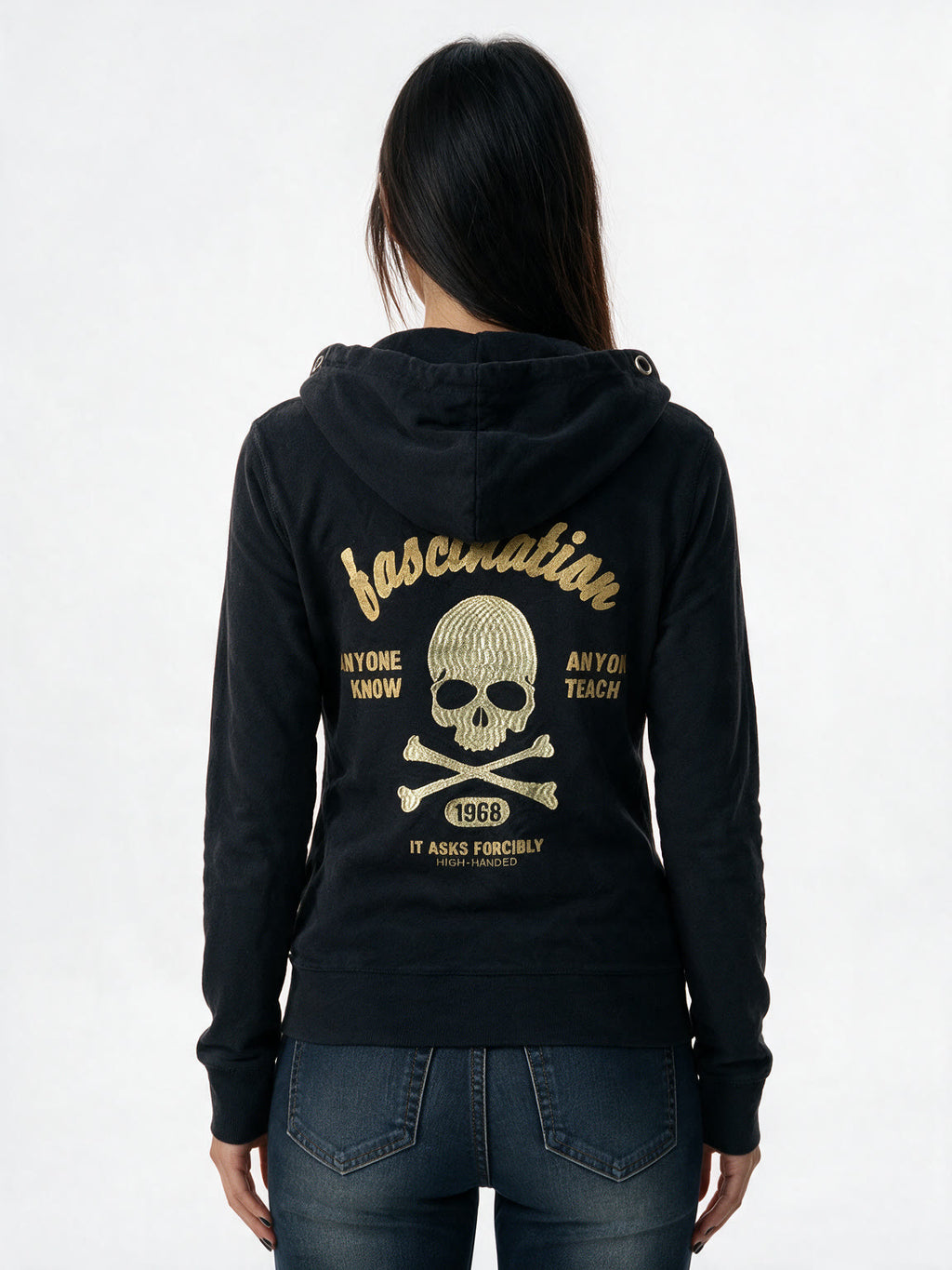 Slim black zip hoodie with an embroidered skull crest
