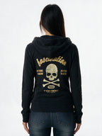 Slim black zip hoodie with an embroidered skull crest