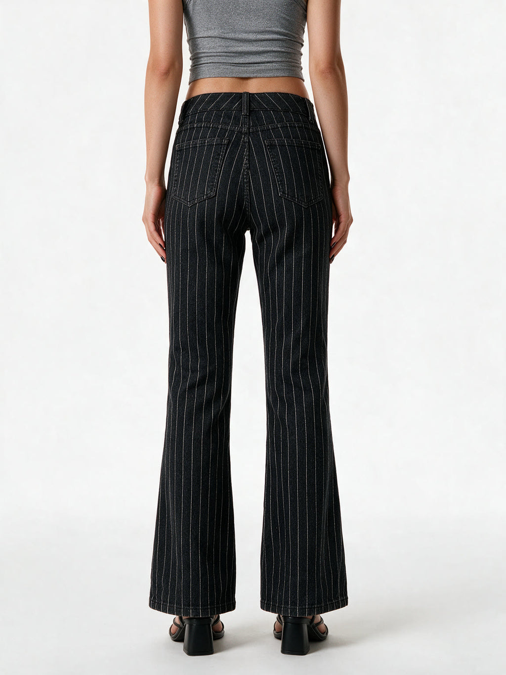 Black pinstripe low rise bootcut trousers