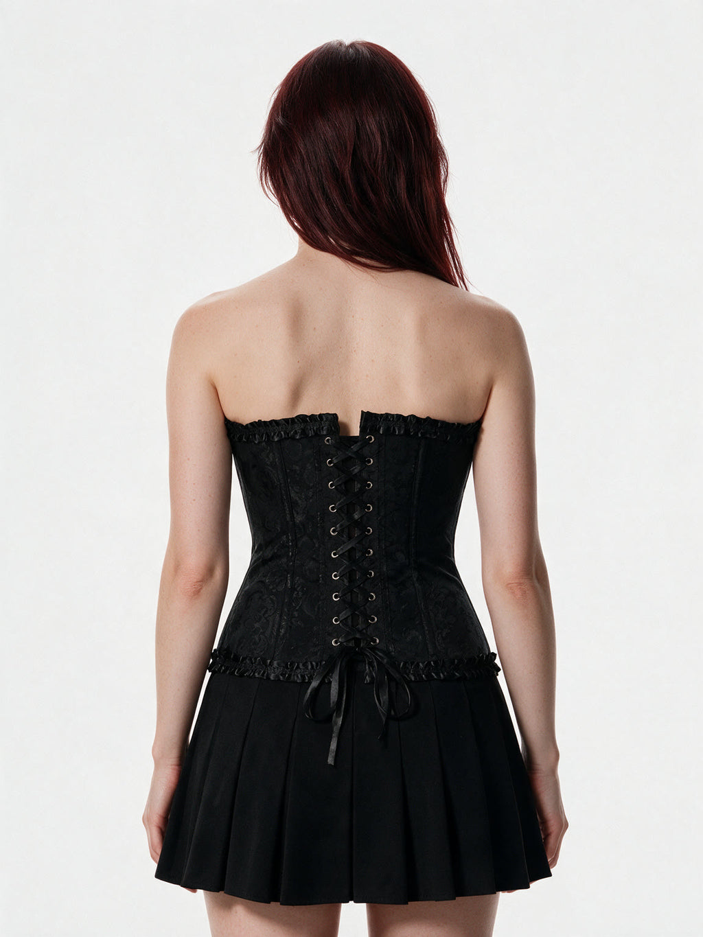 Black brocade overbust corset with ruffle trim