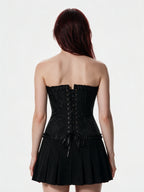 Black brocade overbust corset with ruffle trim