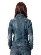 Washed blue denim jacket with multiple zips