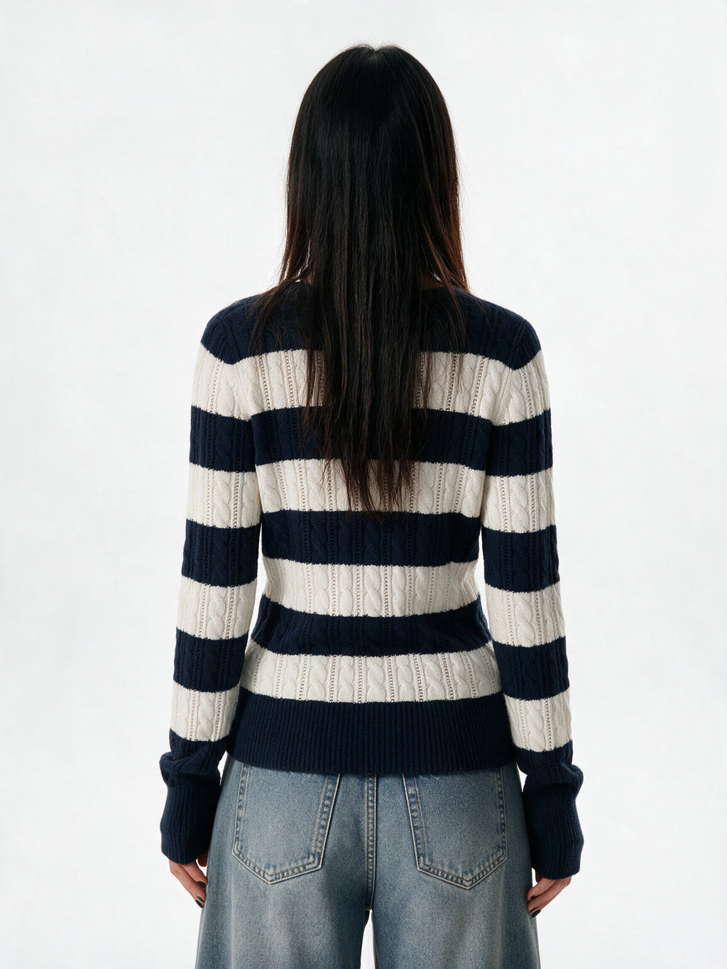 Navy and cream striped V neck knit top