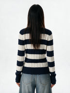 Navy and cream striped V neck knit top