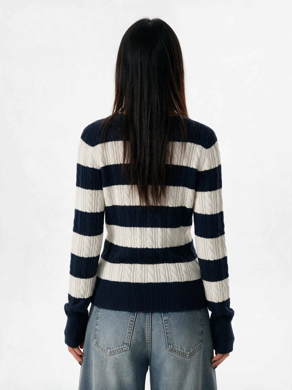 Navy and cream striped V neck knit top
