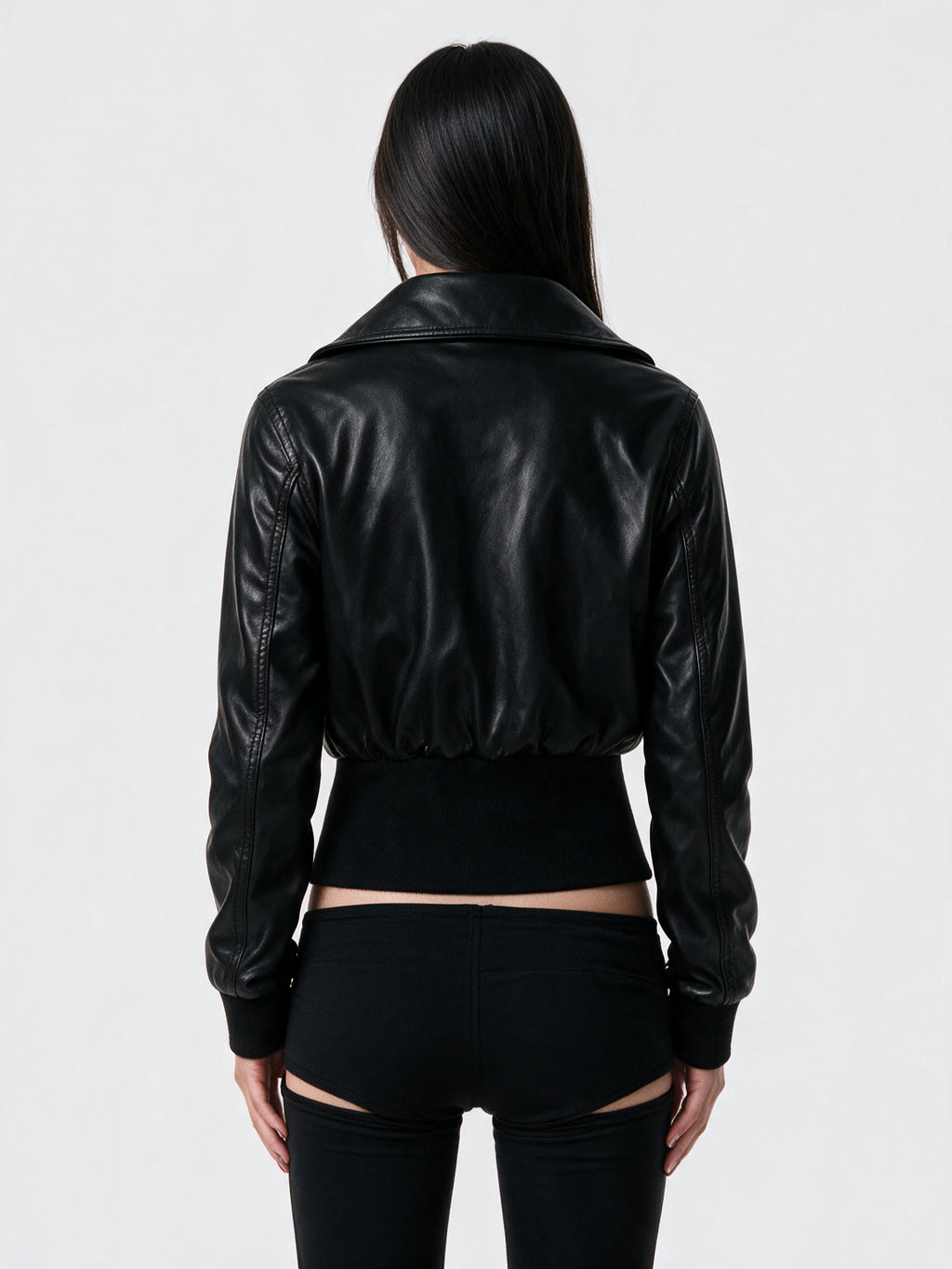 Black leather bomber jacket with a wide collar and ribbed hem