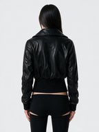 Black leather bomber jacket with a wide collar and ribbed hem