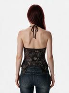 Brown paisley halter top with an O ring and handkerchief hem