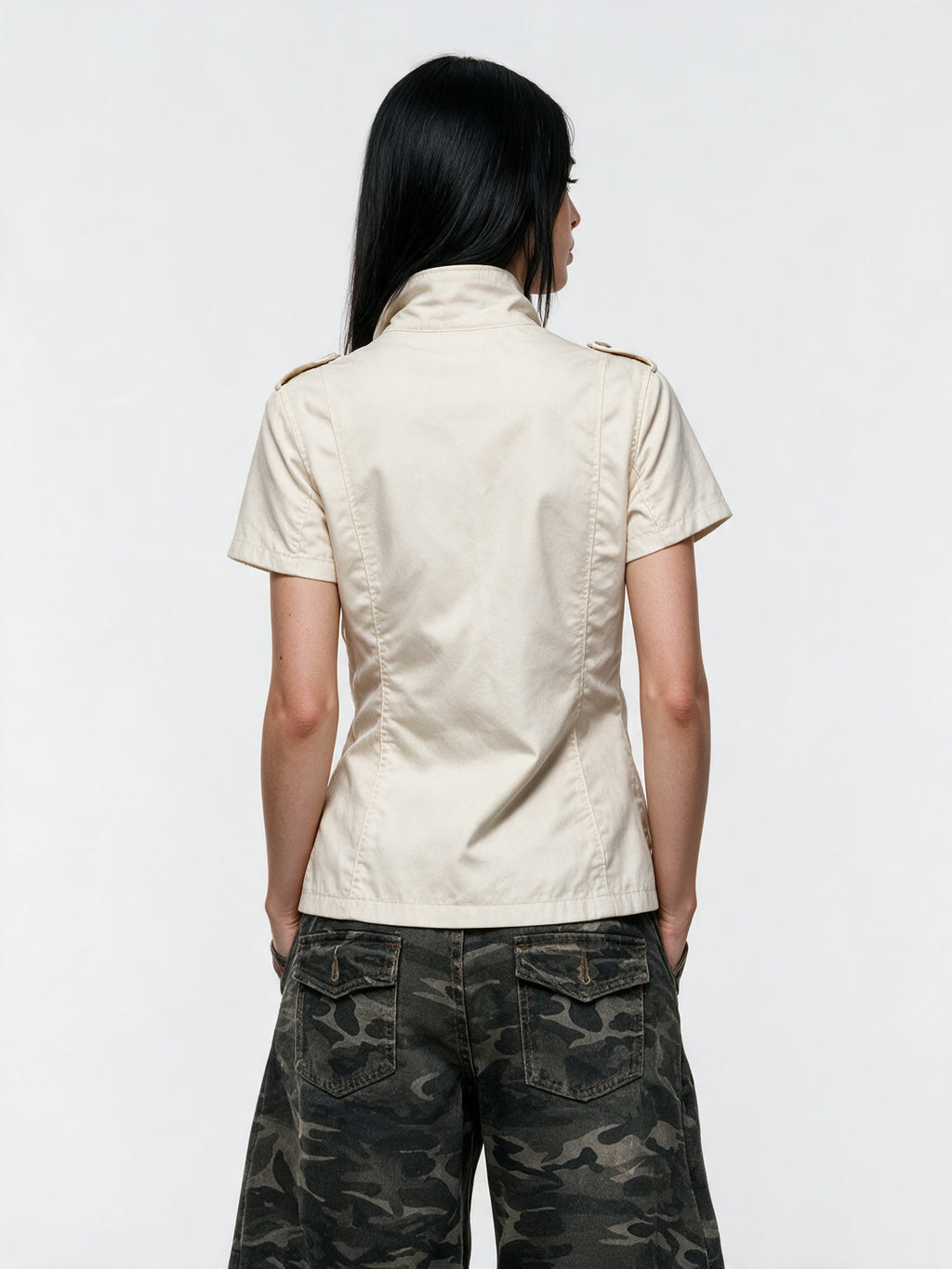Cream short sleeve military style button top