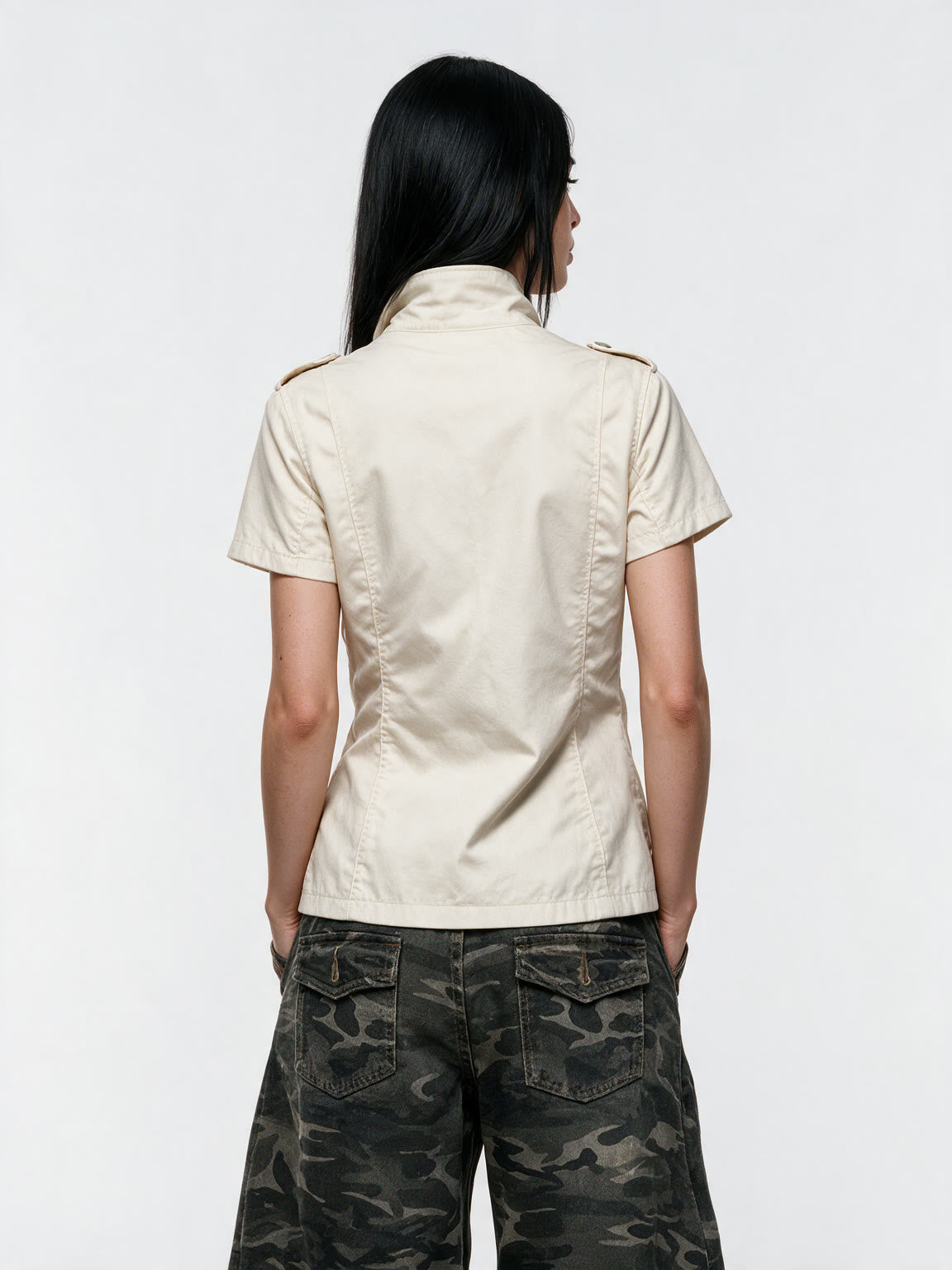 Cream short sleeve military style button top
