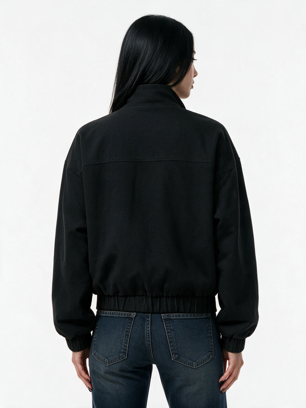 Black stand collar jacket with silver toggle clasps