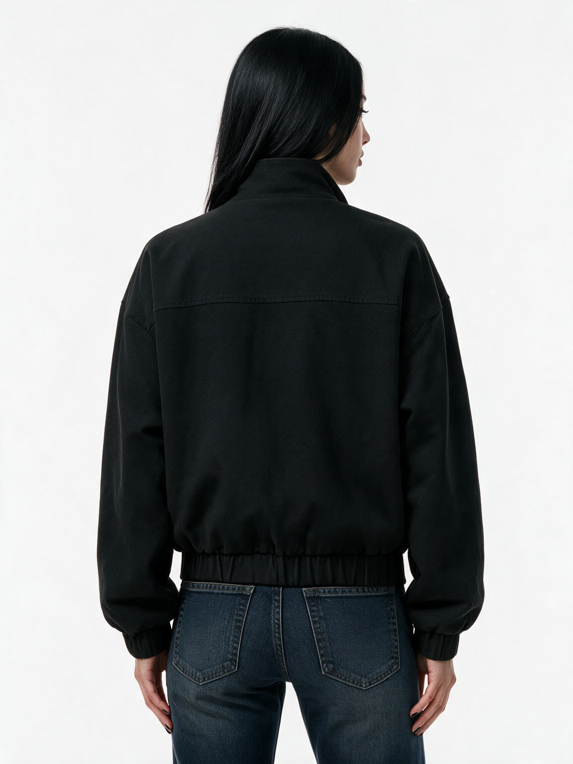 Black stand collar jacket with silver toggle clasps