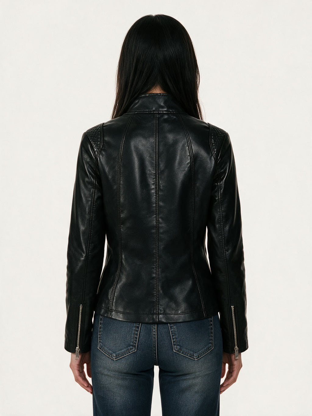 Black leather jacket with quilted shoulder panels