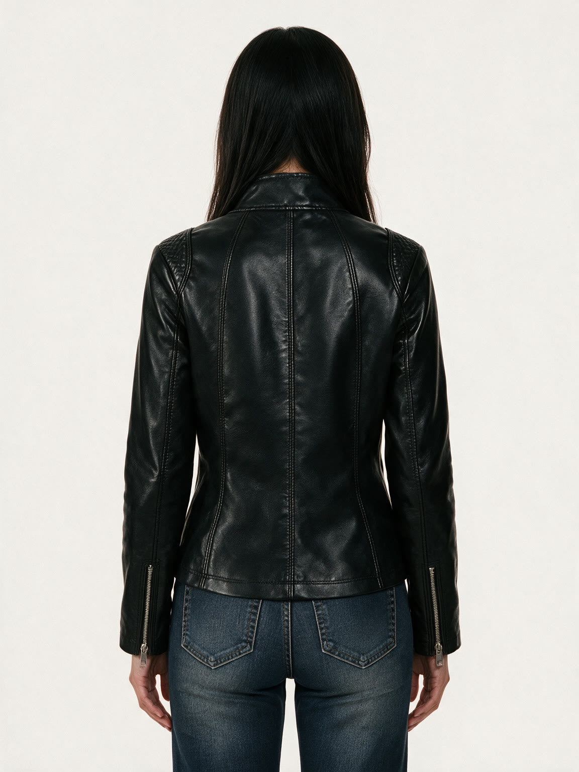 Black leather jacket with quilted shoulder panels