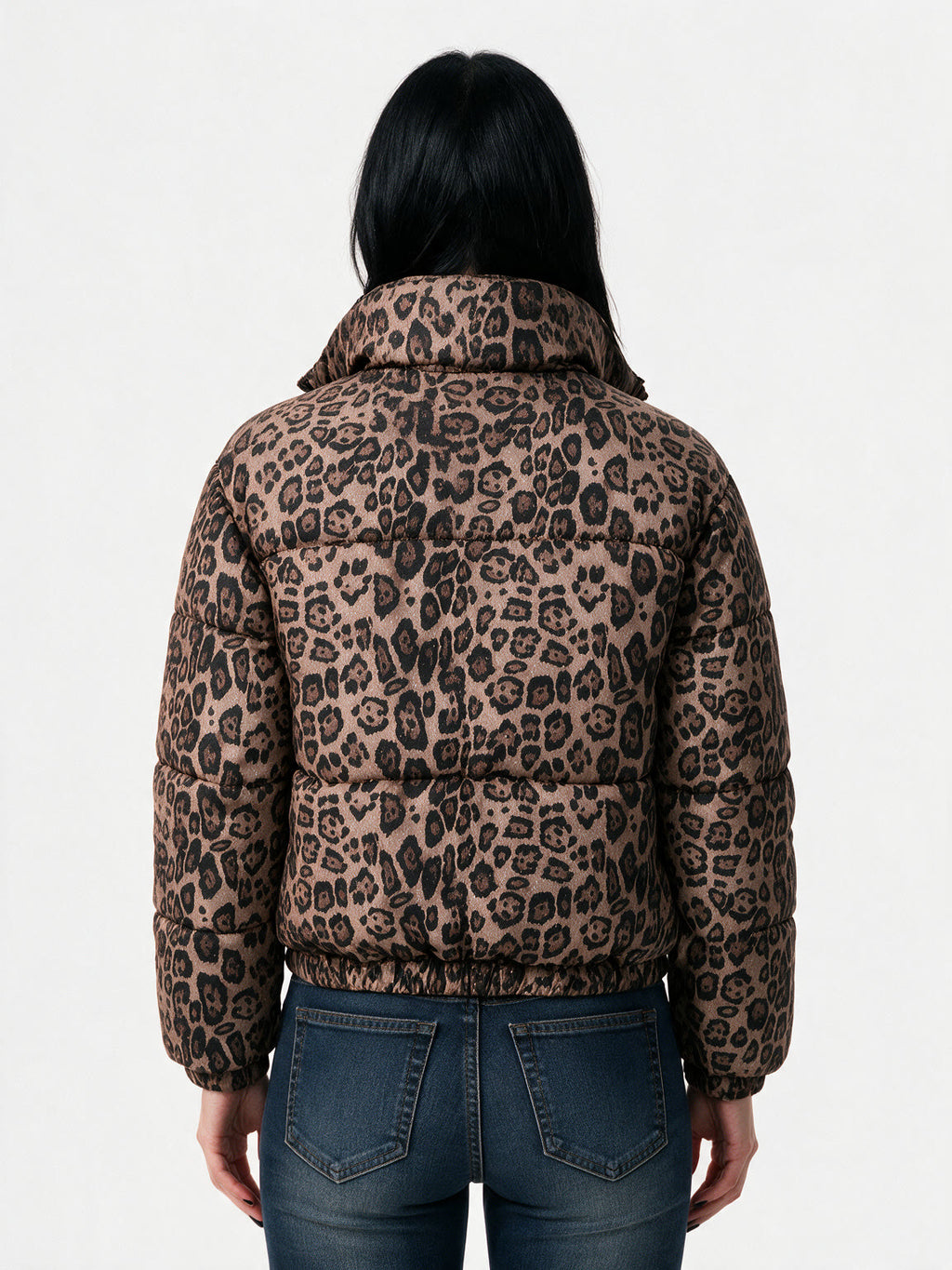 Cropped brown leopard print glitter puffer jacket
