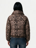 Cropped brown leopard print glitter puffer jacket