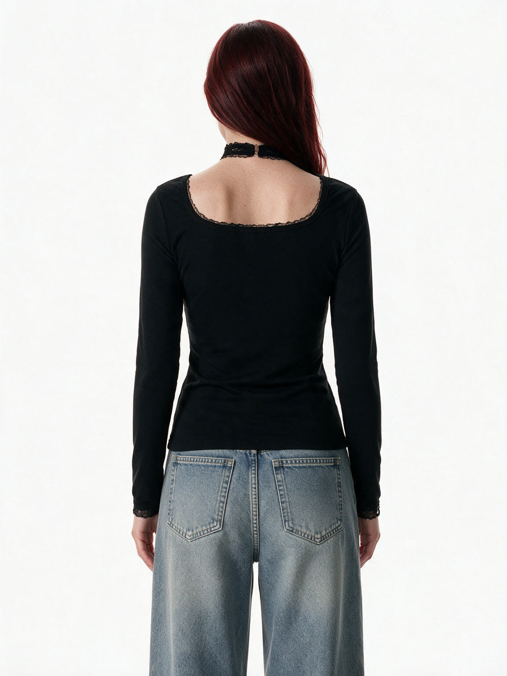 Black square collar long sleeve top with lace up front and choker