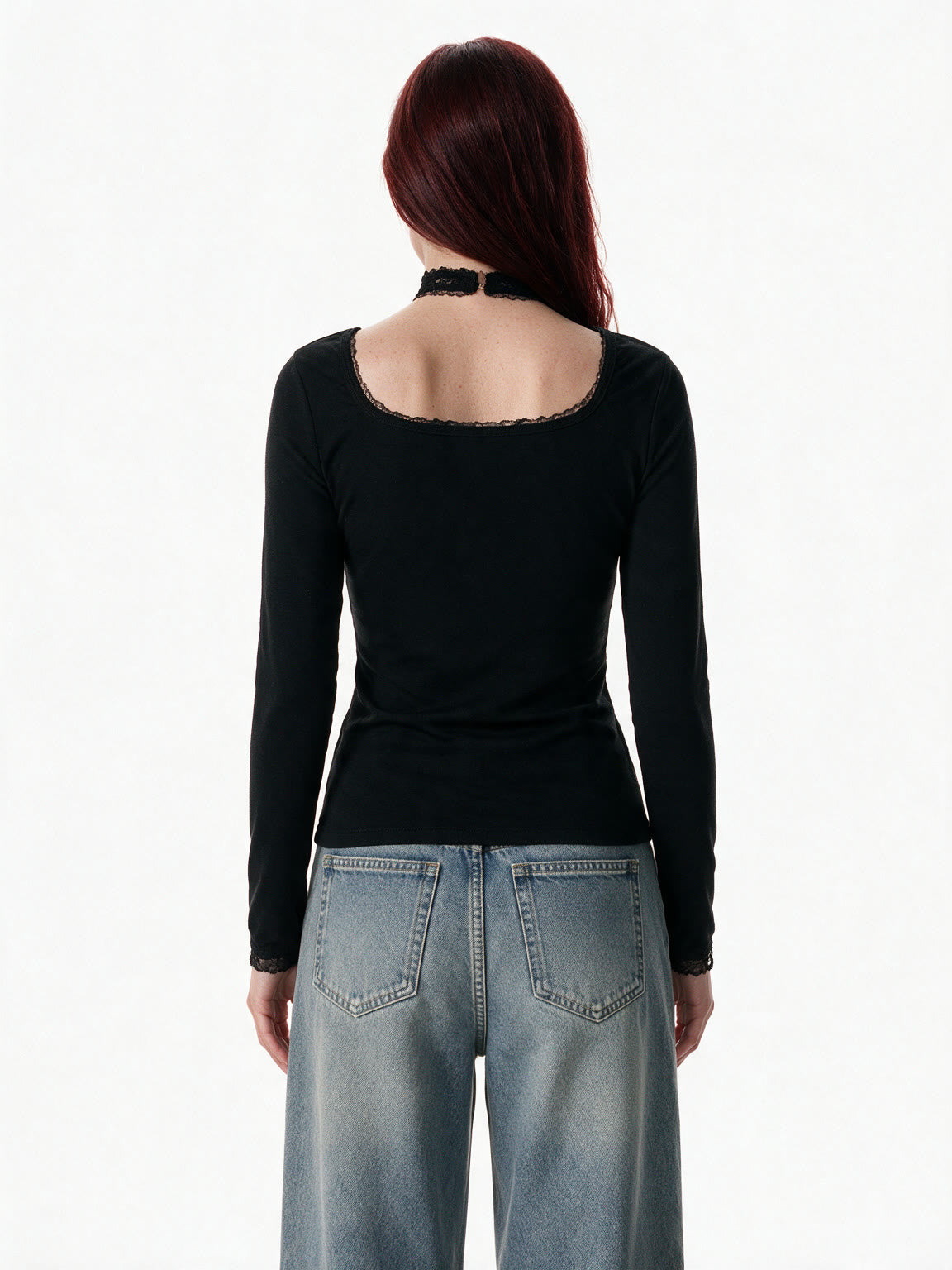 Black square collar long sleeve top with lace up front and choker