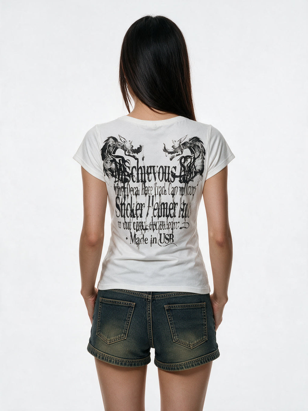 White baby tee with winged blackletter print