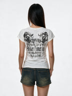 White baby tee with winged blackletter print