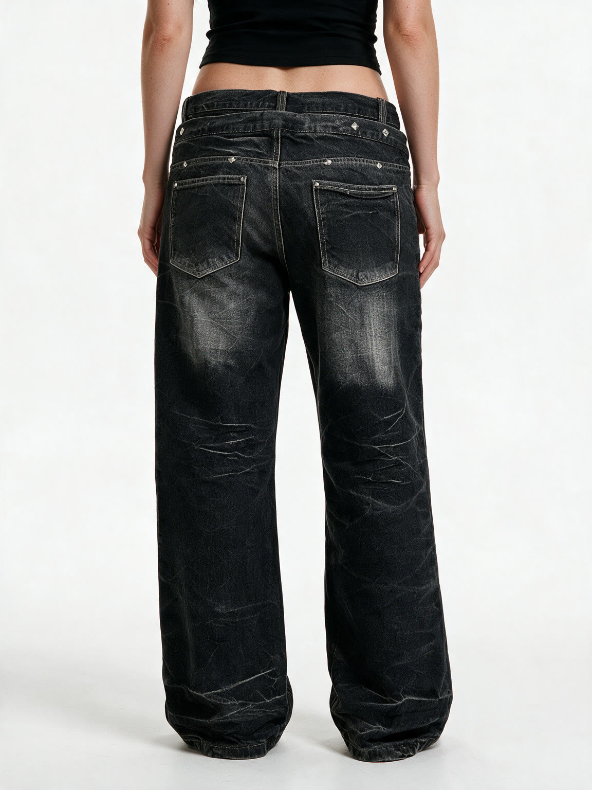 Dark washed flare jeans with a double laced waistband