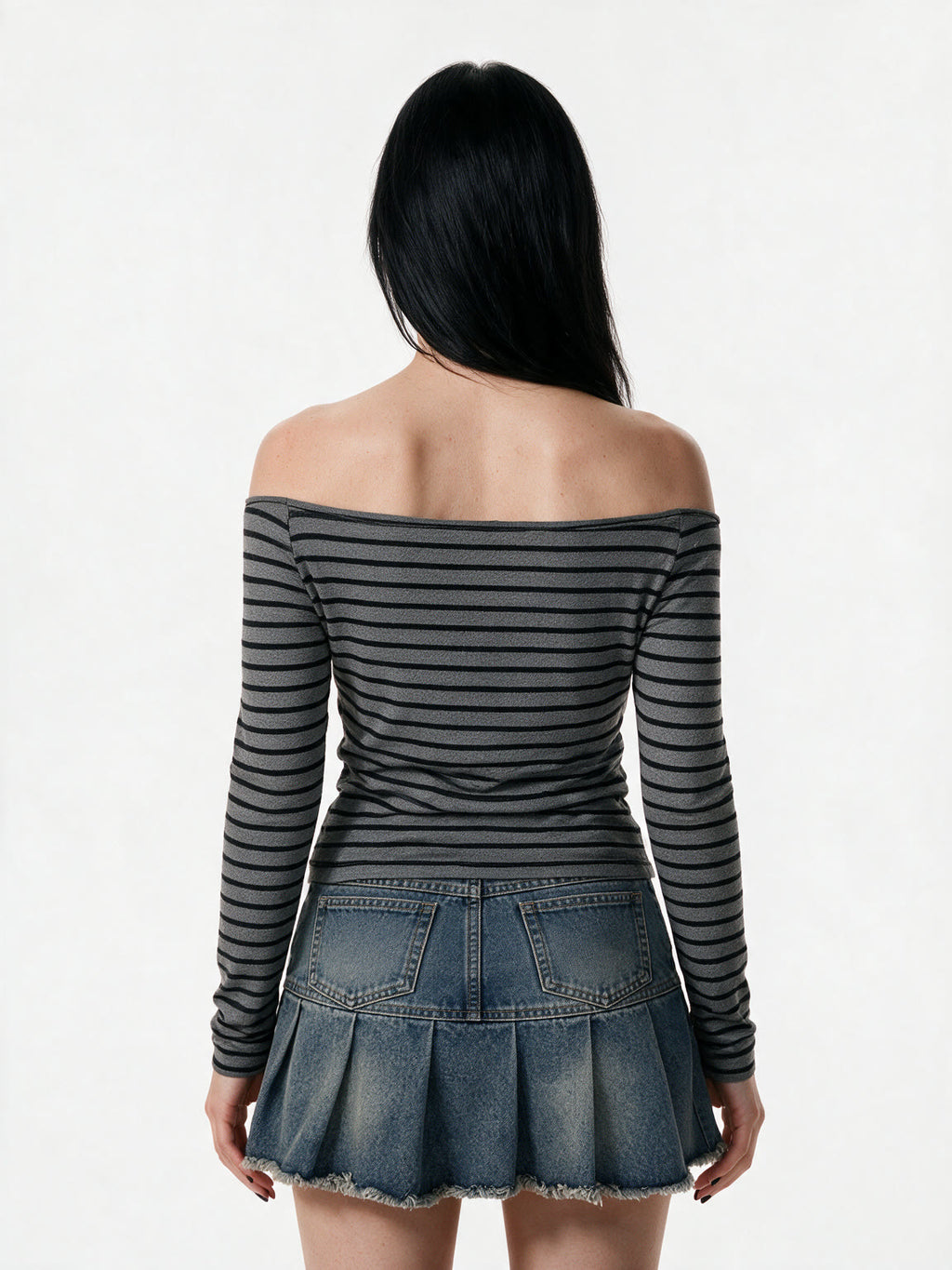 Grey and black striped off shoulder long sleeve top