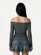 Grey and black striped off shoulder long sleeve top
