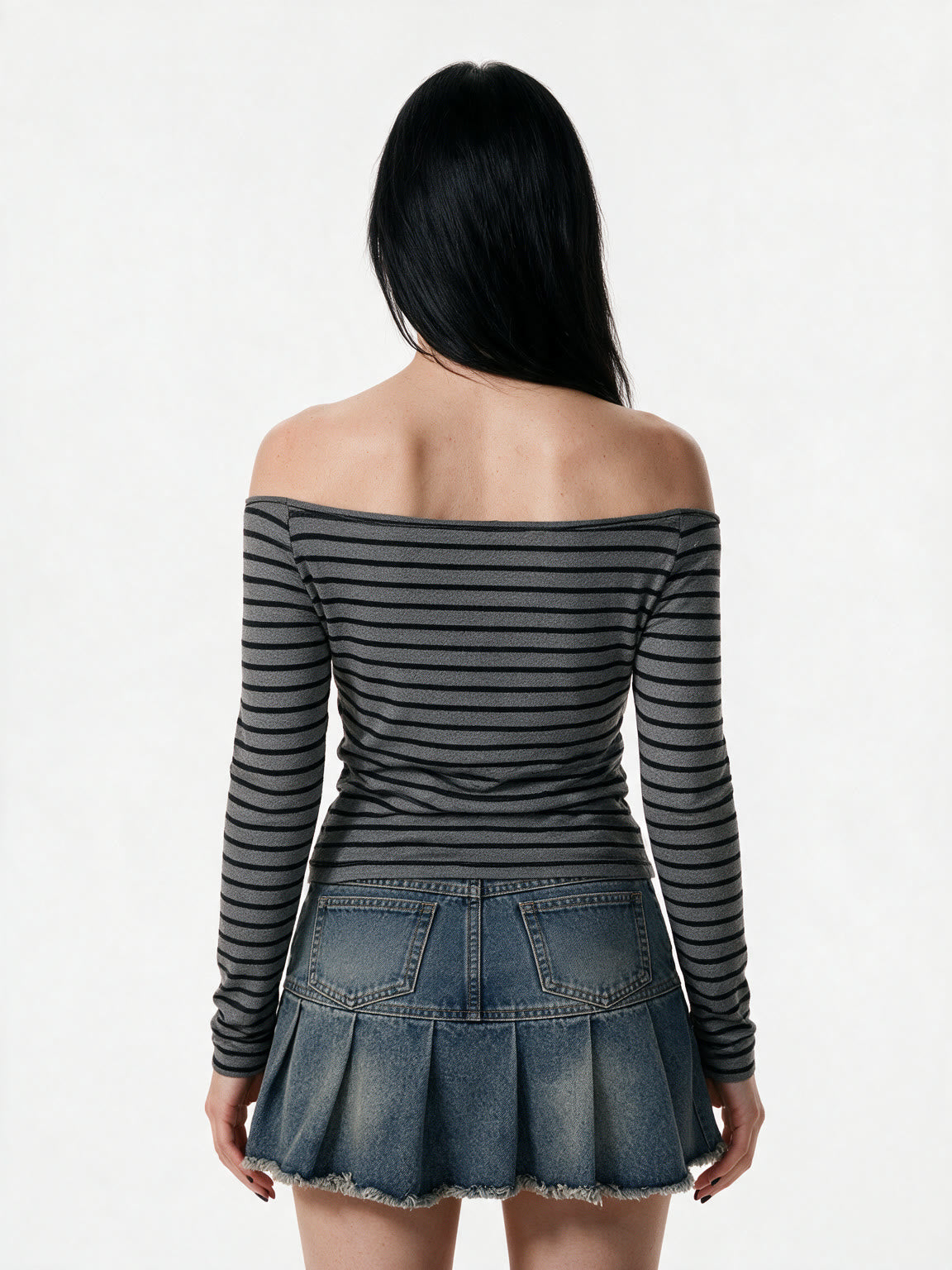 Grey and black striped off shoulder long sleeve top