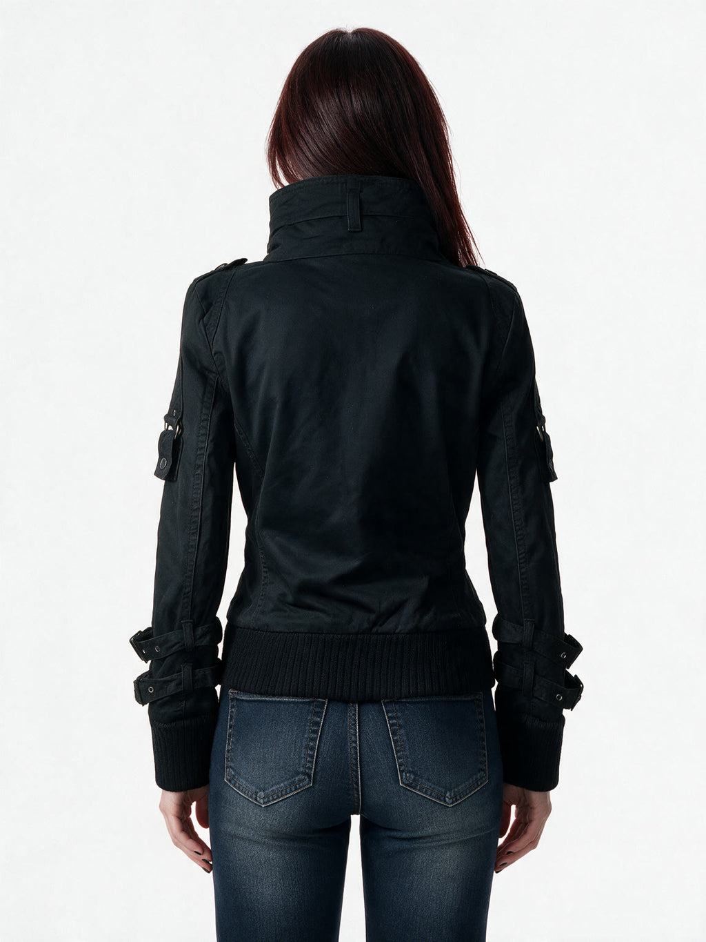 Washed denim military jacket with double rows of dome buttons