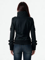 Washed denim military jacket with double rows of dome buttons