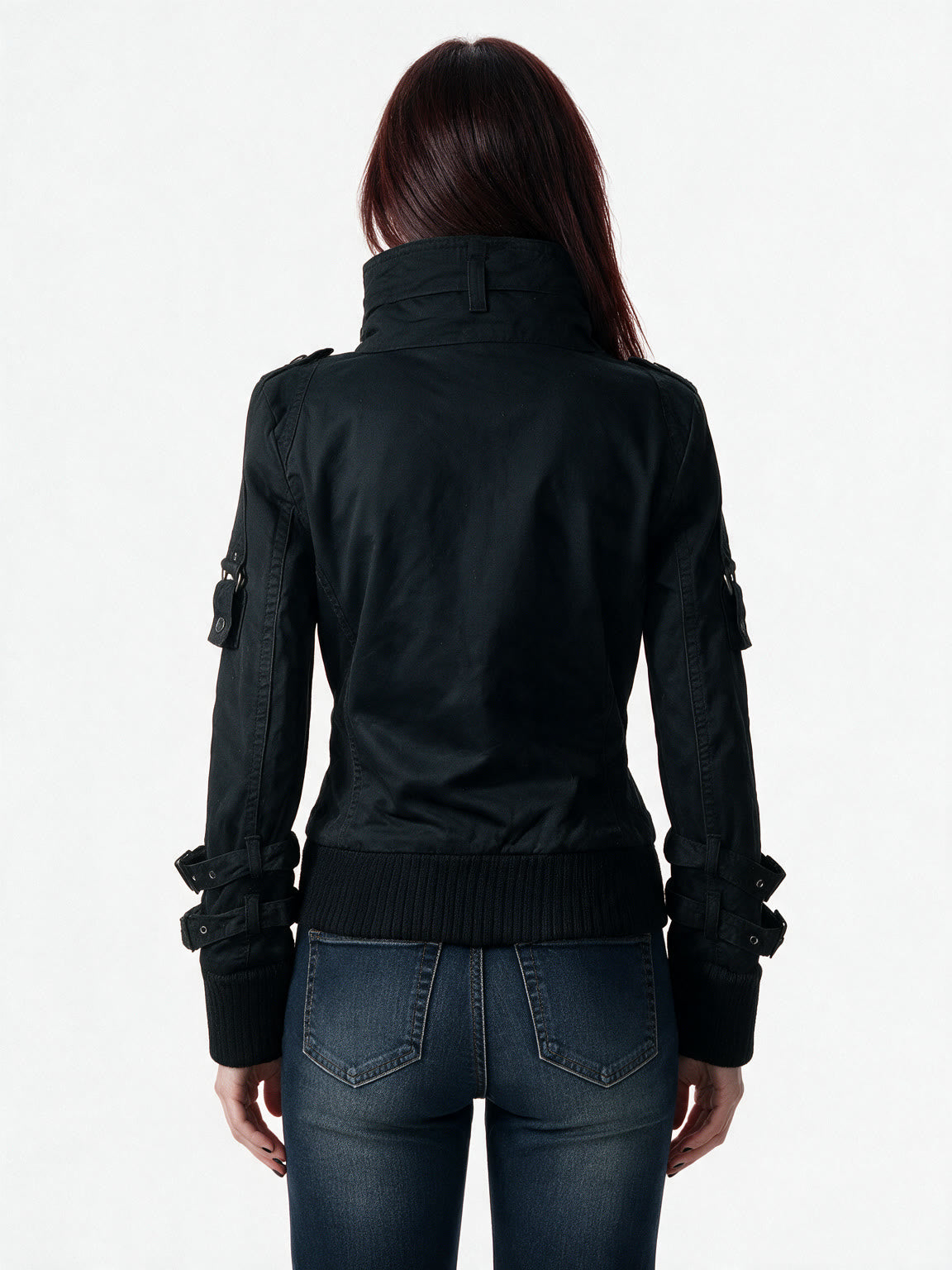 Washed denim military jacket with double rows of dome buttons
