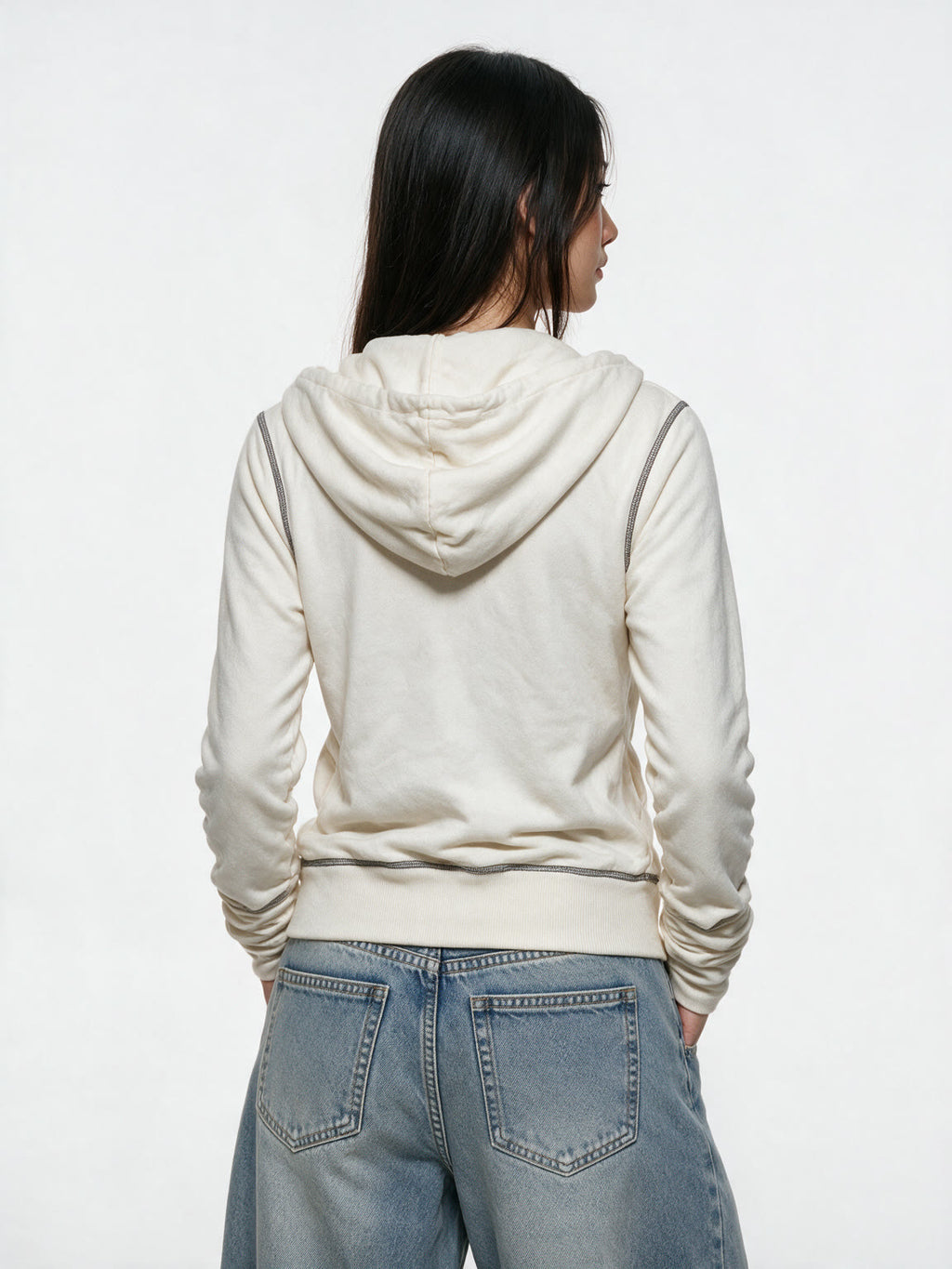 White zip hoodie with a cross print and ruched sleeves