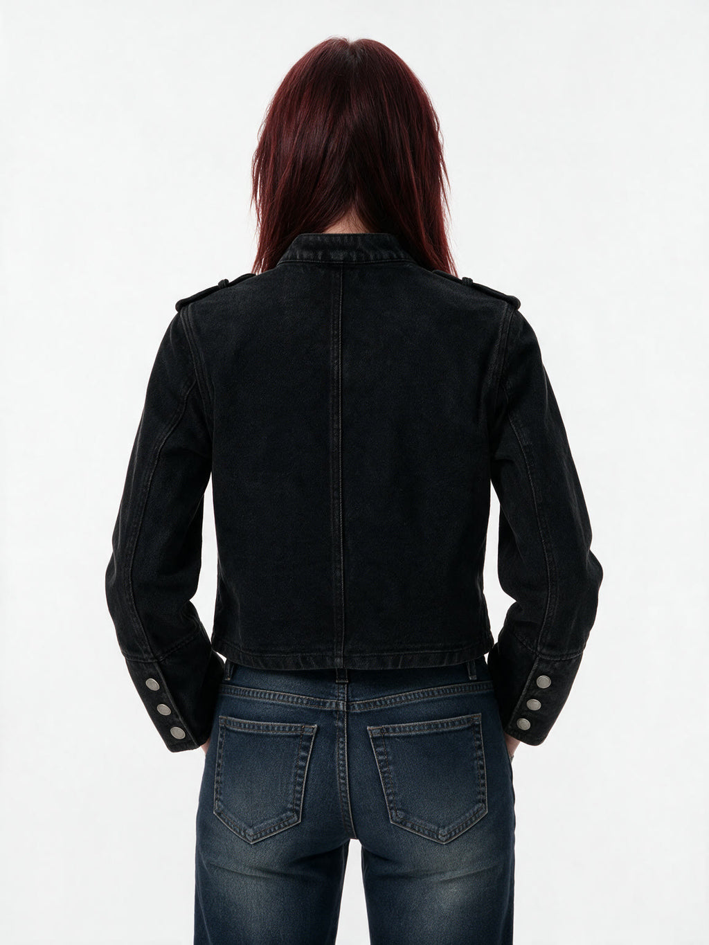 Cropped black military band jacket with braid and dome buttons