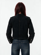 Cropped black military band jacket with braid and dome buttons