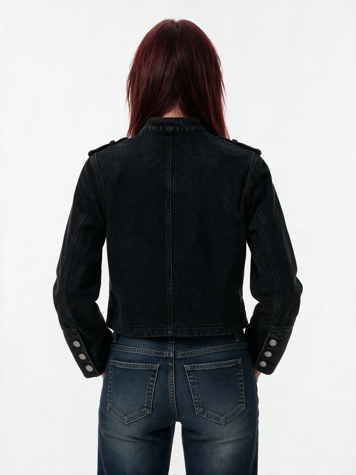 Cropped black military band jacket with braid and dome buttons