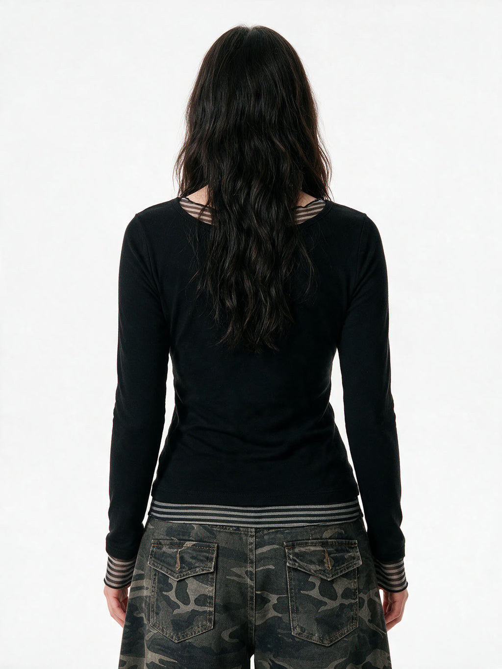 Black long sleeve top with false striped layer and tattoo print
