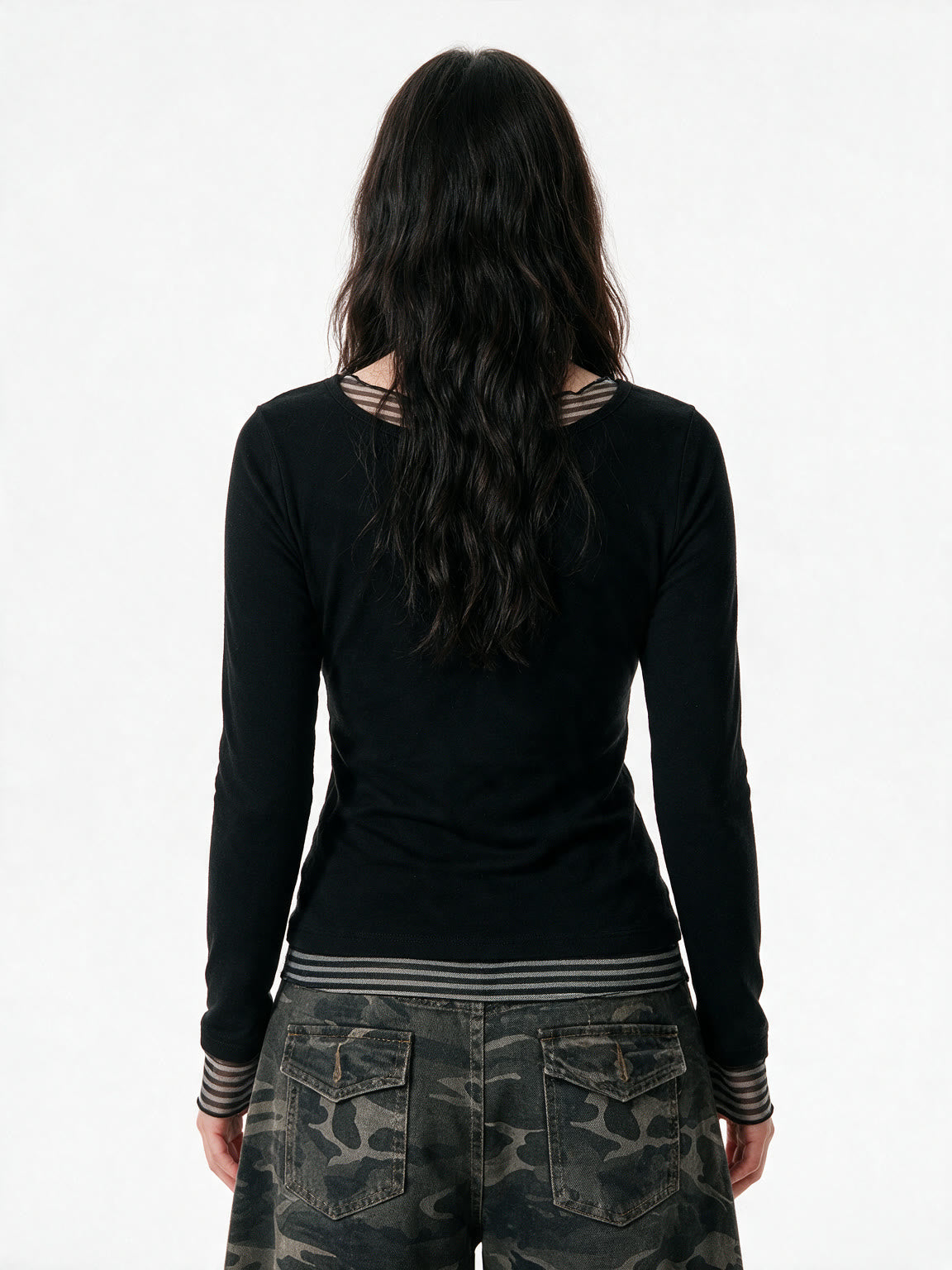 Black long sleeve top with false striped layer and tattoo print