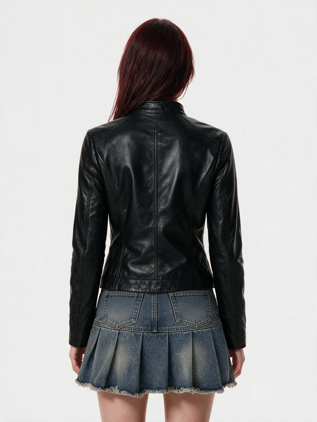 Black leather biker jacket with zip pockets and a belt