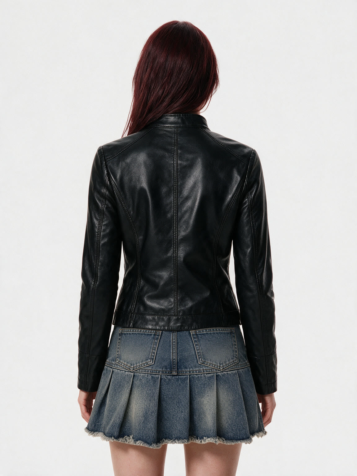 Black leather biker jacket with zip pockets and a belt