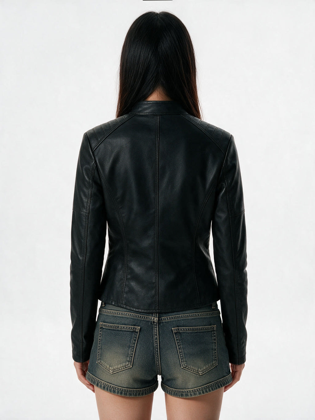 Slim black leather jacket with a mandarin collar