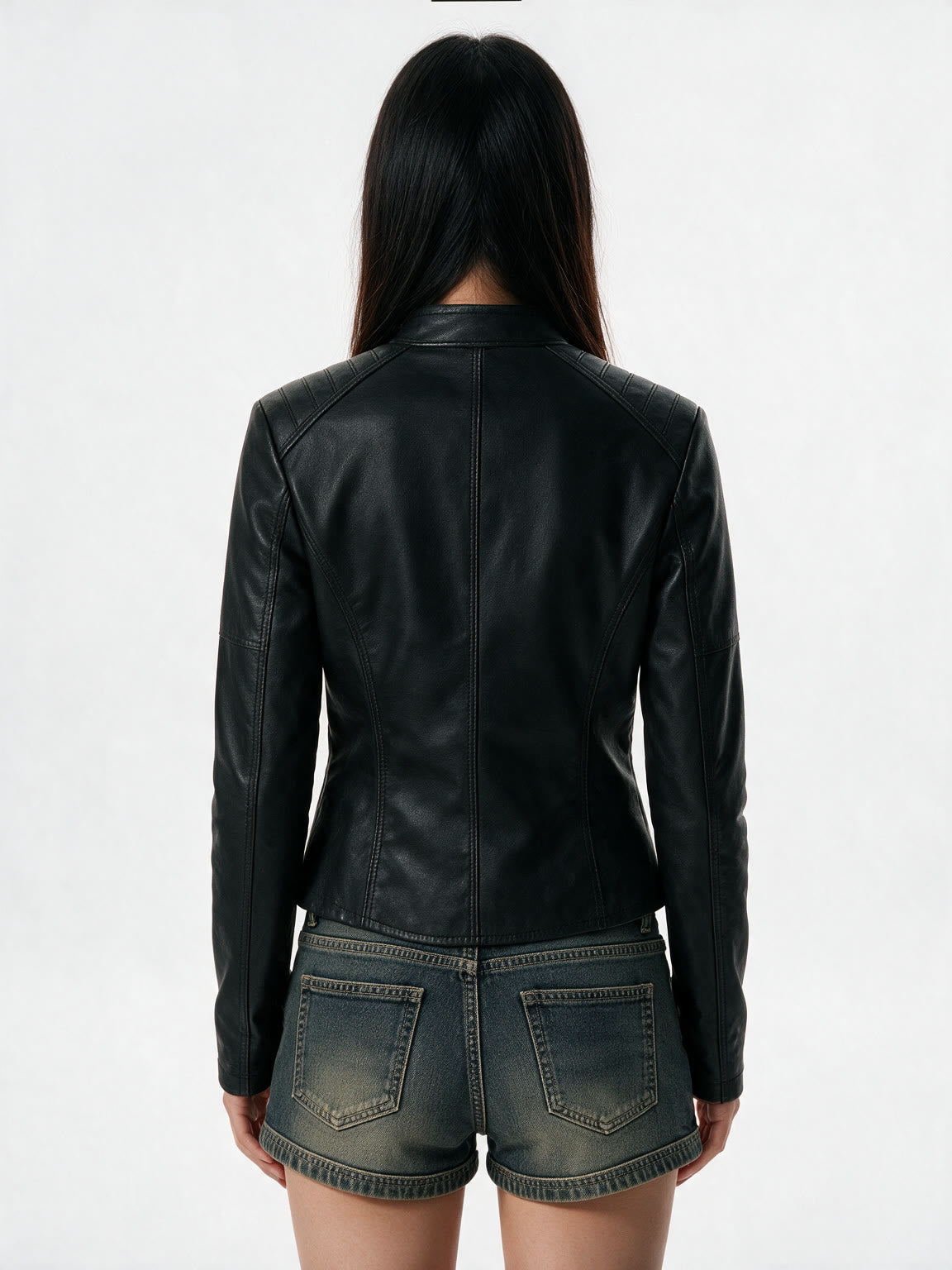 Slim black leather jacket with a mandarin collar