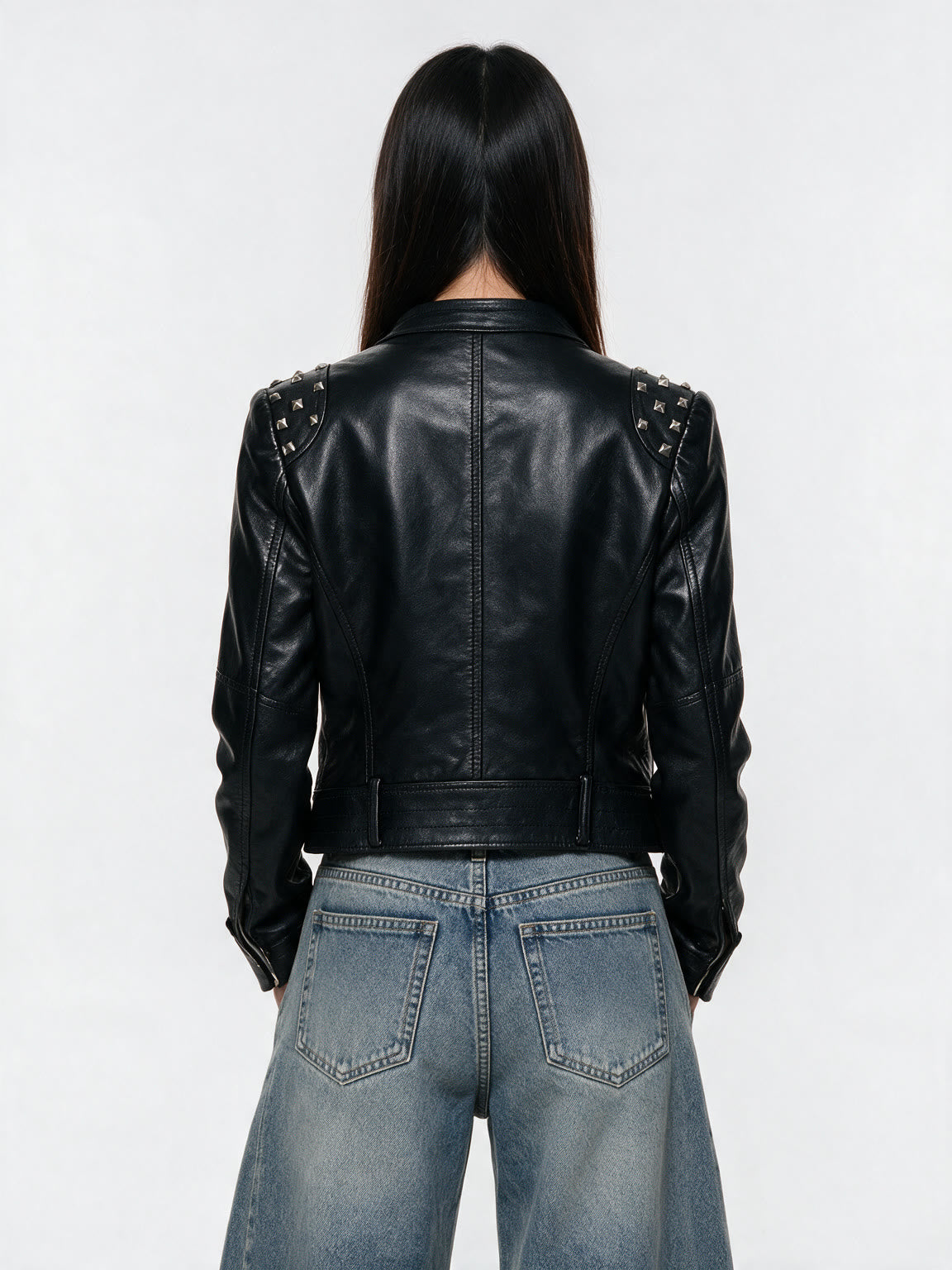 Cropped black leather moto jacket with studded shoulders