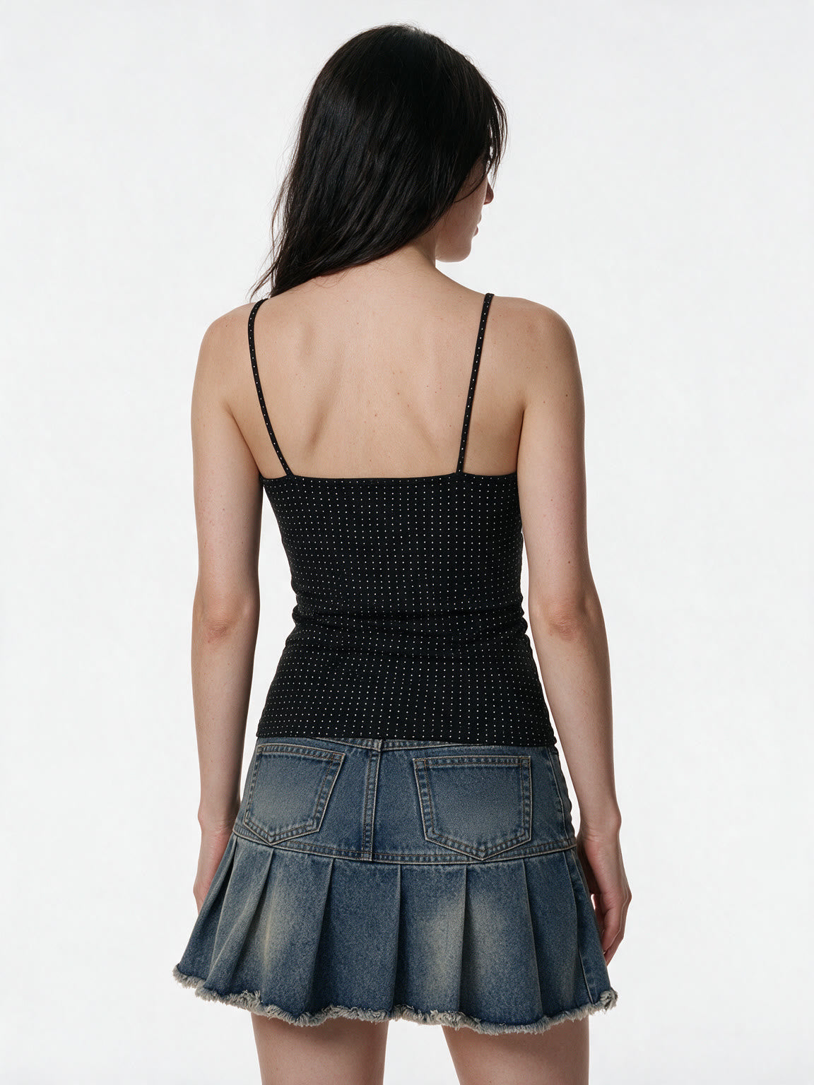 Black polka dot cami with a ruched bust