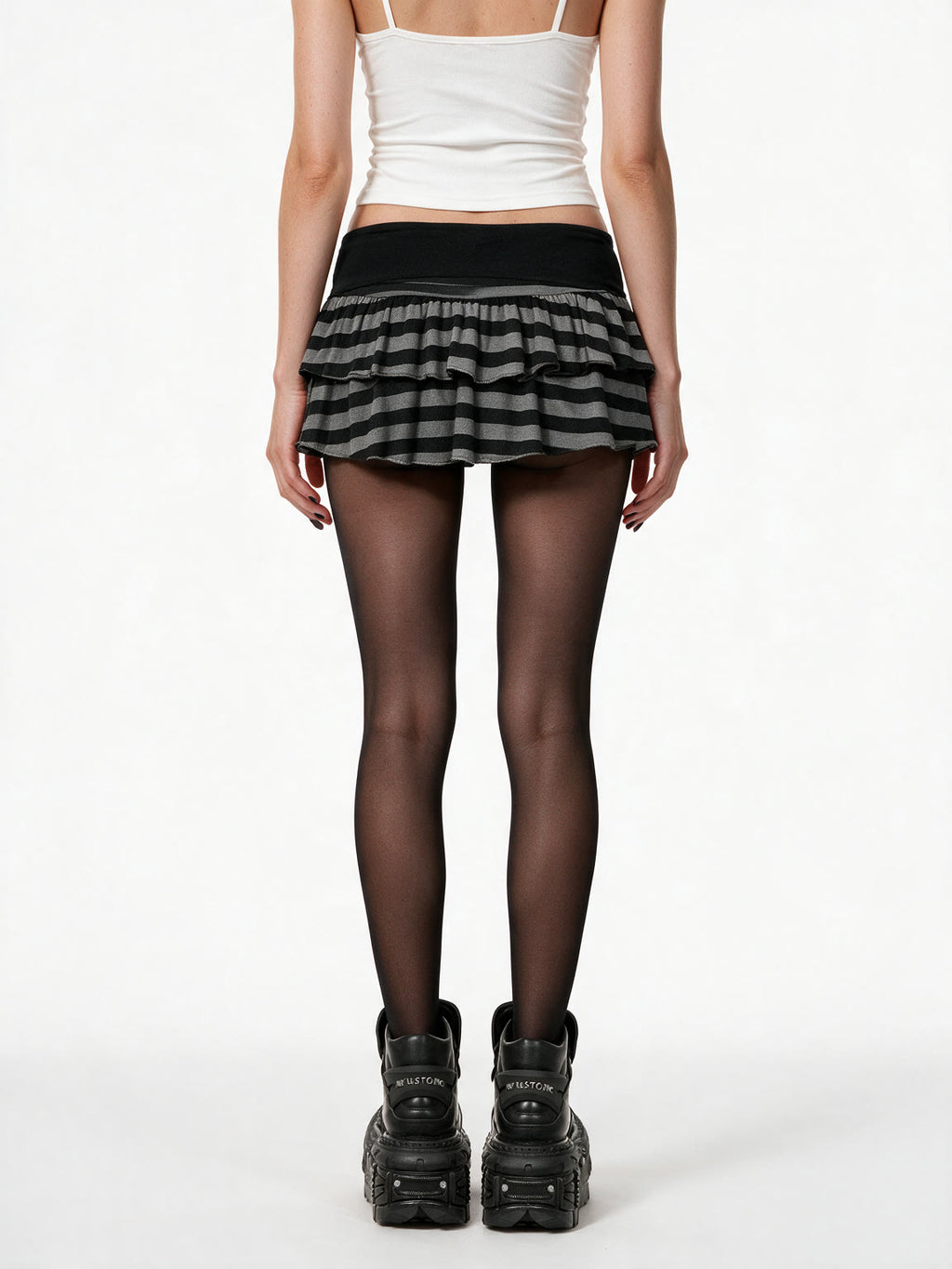 Grey and black striped tiered mini skirt