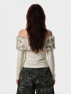 Cream off shoulder knit top with a faux fur collar