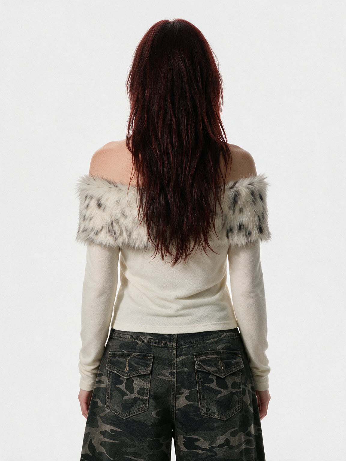 Cream off shoulder knit top with a faux fur collar