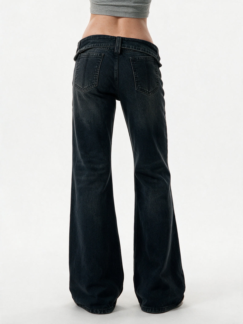 Washed blue low rise flare jeans