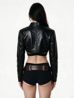 Black leather jacket with a shirt collar and chest zips