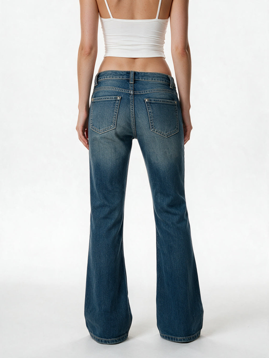 Blue wide leg jeans with a crystal set waistband